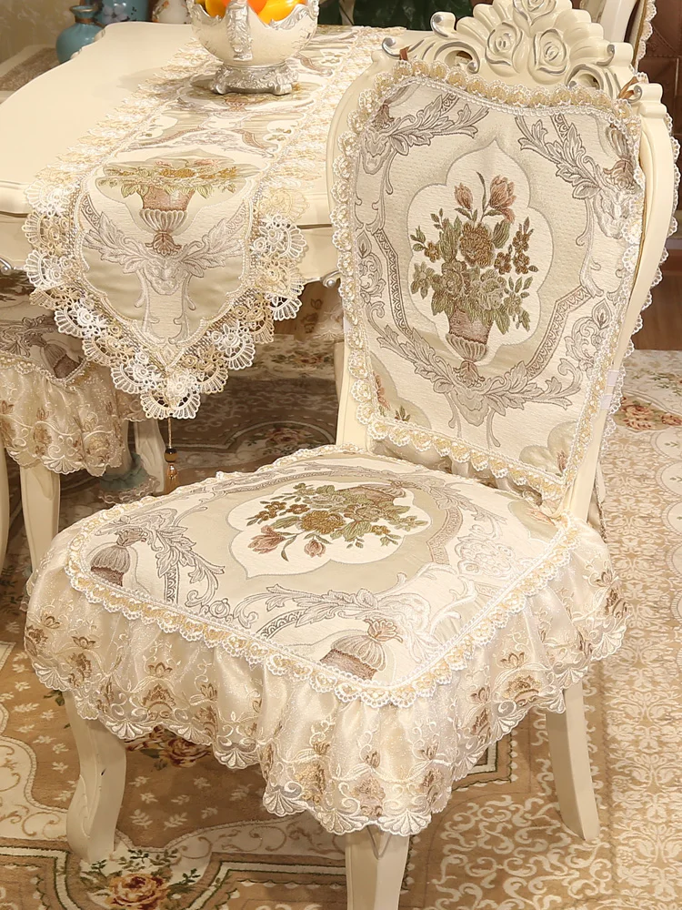 

European Dining Chair Cover Home Decoration Anti-slip Lace Chair Cushion Cloth Jacquard Embroidery Chenille Chair Cover Kitchen