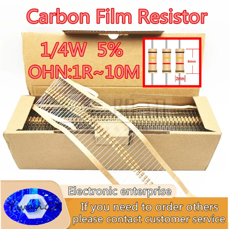 100PCS 1/4W Carbon Film Resistors 5% 1R-10M 10R 47R 100R 220R 1K 10K 4K7 100K 560K 1M 3M3 ohm Color Ring Resistance
100PCS 1/4W Carbon Film Resistors 5% 1R-10M 10R 47R 100R 220R 1K 10K 4K7 100K 560K 1M 3M3 ohm Color Ring Resistance