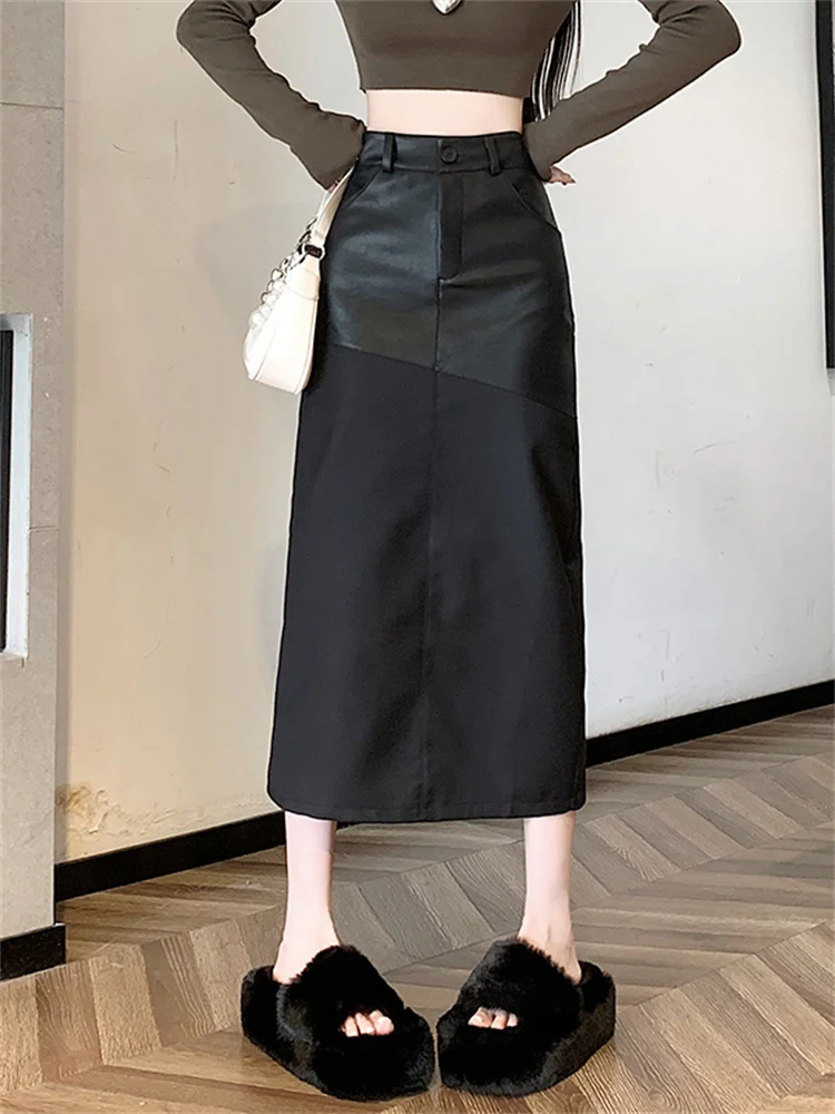 Patchwork PU Leather Skirt for Women 2023 New Fashion Vintage High Waisted Skirts Slim Casual Split Black Midi Skirt
Patchwork PU Leather Skirt for Women 2023 New Fashion Vintage High Waisted Skirts Slim Casual Split Black Midi Skirt