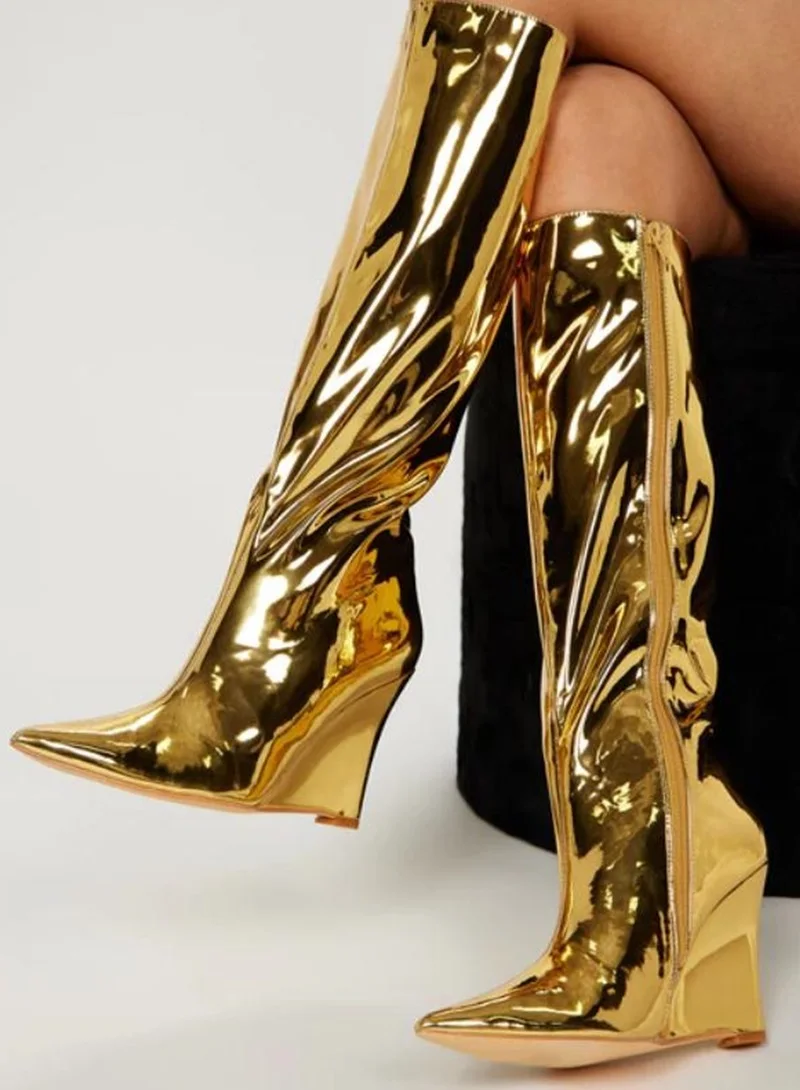 Gold Mirror Leather Women Wedge Boots Pointed Toe Zipper Metallic Height Increasing Knee High Boot Fashion Winter Shoes
Gold Mirror Leather Women Wedge Boots Pointed Toe Zipper Metallic Height Increasing Knee High Boot Fashion Winter Shoes
