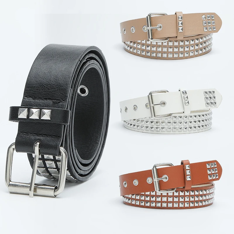 

PU Leather Studded Waist Belts Solid Color Eyelet Metal Pin Buckle Square Bead Rivet Belt Vintage Jeans Decorative Waistbands