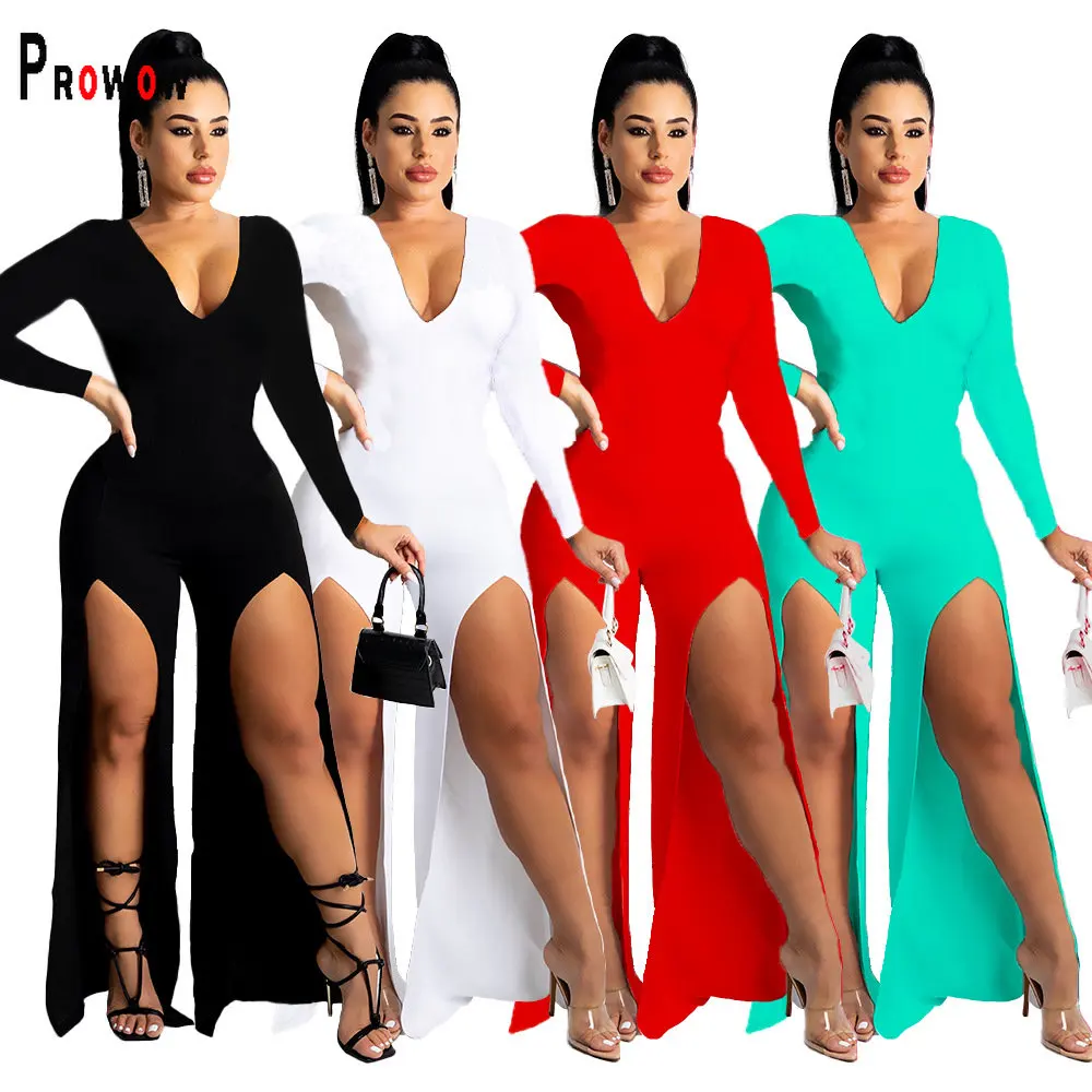 

Prowow Sexy V-neck Women Jumpsuits Long Sleeve One-piece Solid Color Slit Slim Fit Female Party Nightclub Wear Solid Color