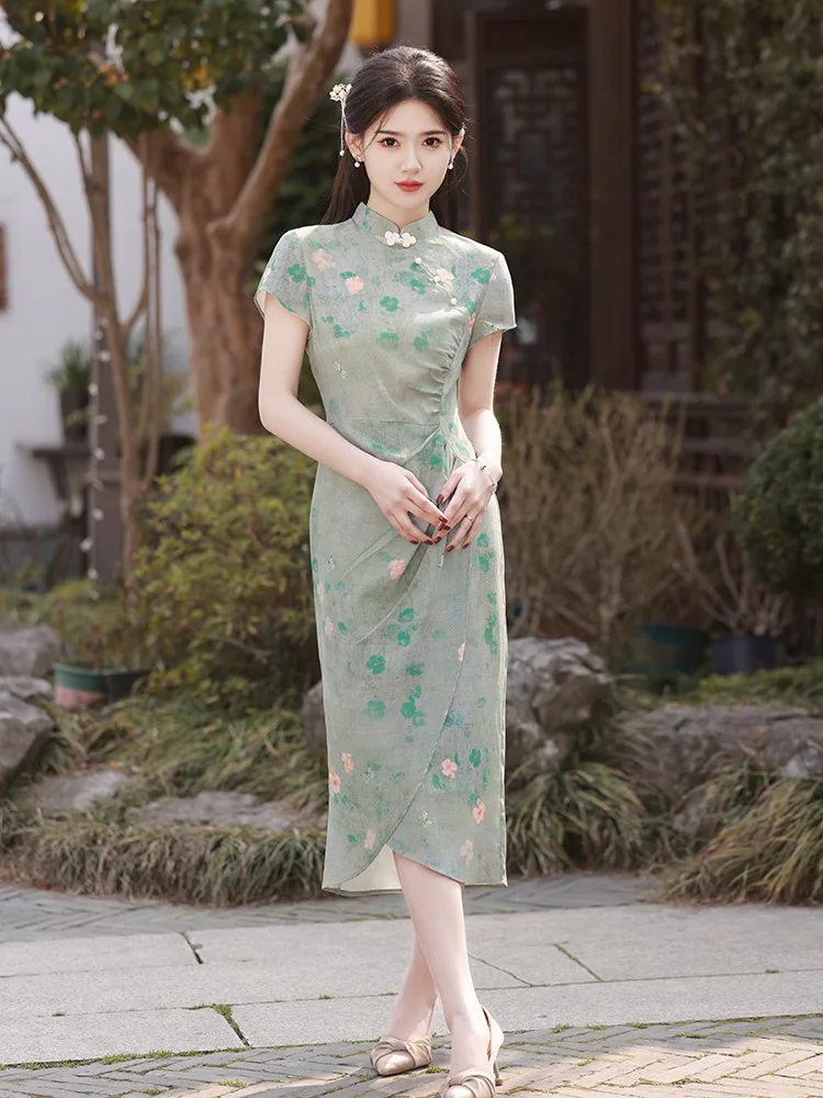 

Improved Simple Cheongsam 2024 Spring Summer Old Shanghai Style Qipao Elegant Temperament Young Printed Dress