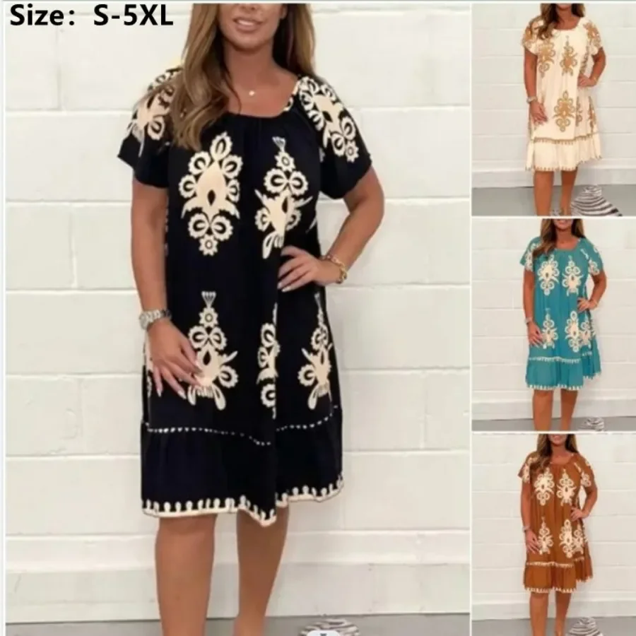 2024 Women's Summer Casual Dress Round Neck Retro Fashion Pattern Print A-Line Dress Loose Short Sleeve Pullover Dress Vestidos
2024 Women's Summer Casual Dress Round Neck Retro Fashion Pattern Print A-Line Dress Loose Short Sleeve Pullover Dress Vestidos
