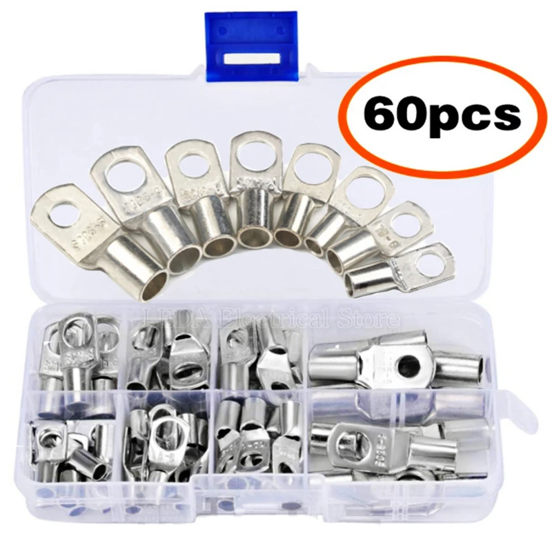 

60Pcs SC Bare Terminals Crimped/Soldered Terminal Kit Assortment Tinned Copper Lug Ring Seal Wire Connectors Bare Cable