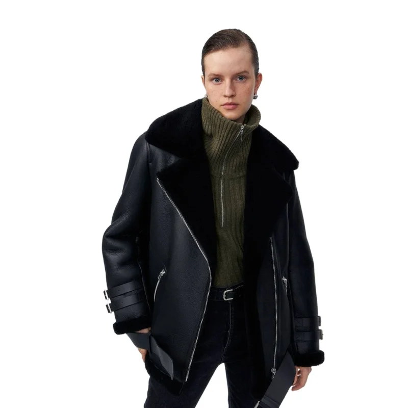 Women's Winter bomber locomotive Jackets Genuine Sheepskin Leather Coats real double-faced Fur Leather outdoor clothes black
Women's Winter bomber locomotive Jackets Genuine Sheepskin Leather Coats real double-faced Fur Leather outdoor clothes black