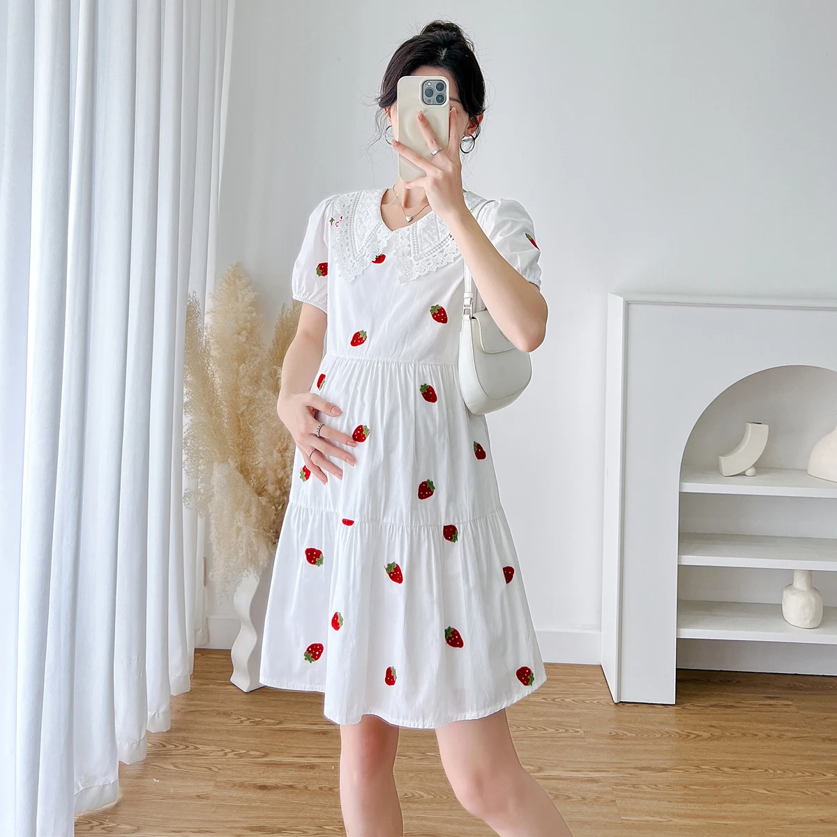 

2024 Summer Maternity Cotton Dress Fashion Lace Peter Pan Collar Short Sleeve Pregnant Woman Embroidery Dress Sweet Lady Dresses