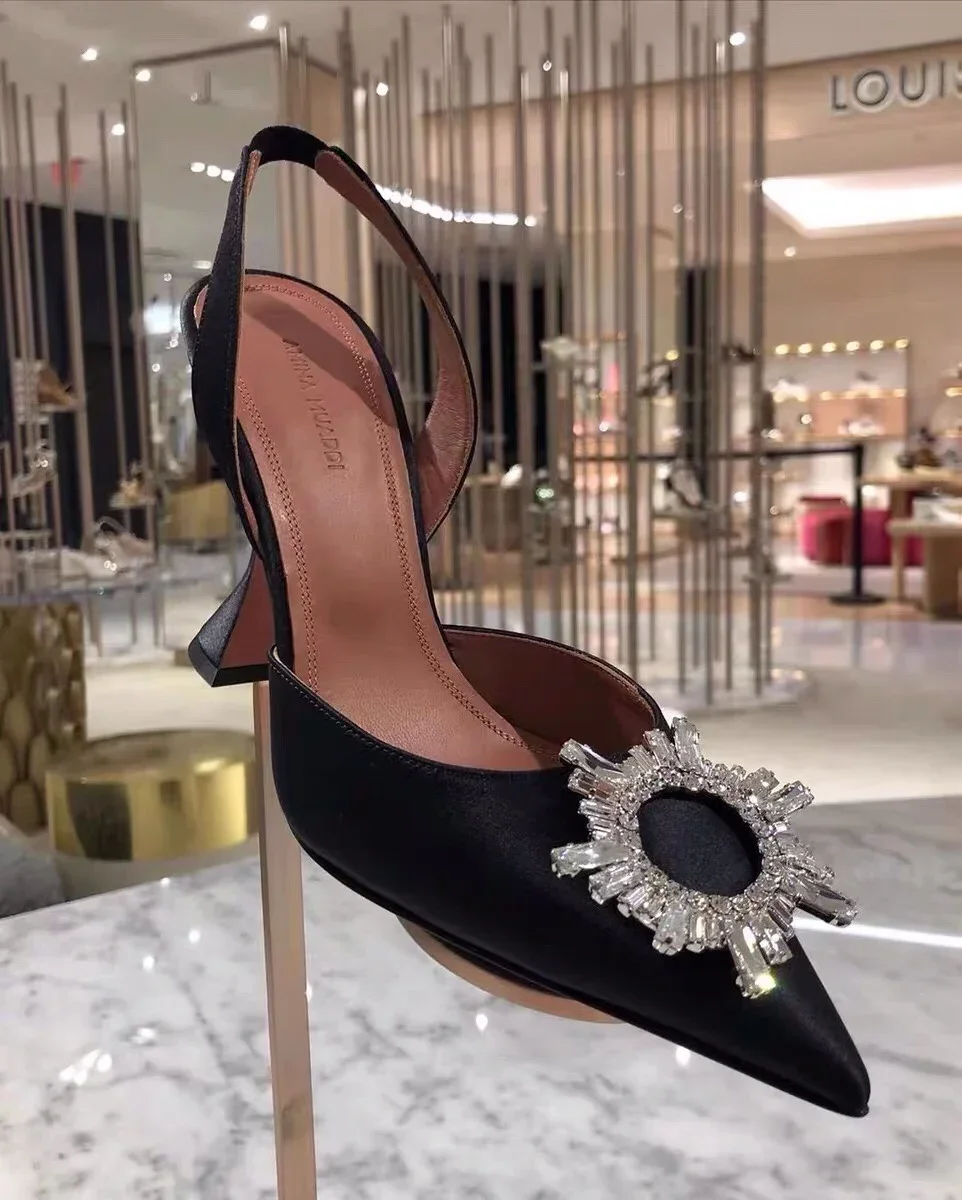 

AMINA MUADDI Begum black satin slingback pumps crystal pointed toe flared heels Sunflower rhinestone buckle fhigh-heeled sandals