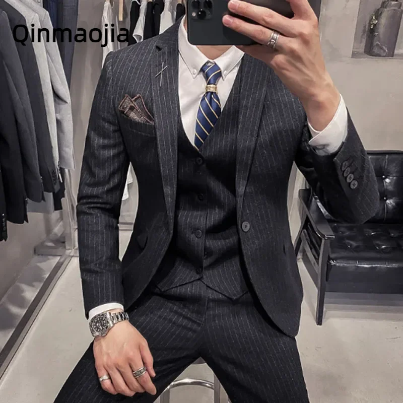 

(Jackets+Vest+Pants) Male Korean Formal Blazers Slim Check British Business Suit Men Three Piece Wedding Bridegroom Man Dress