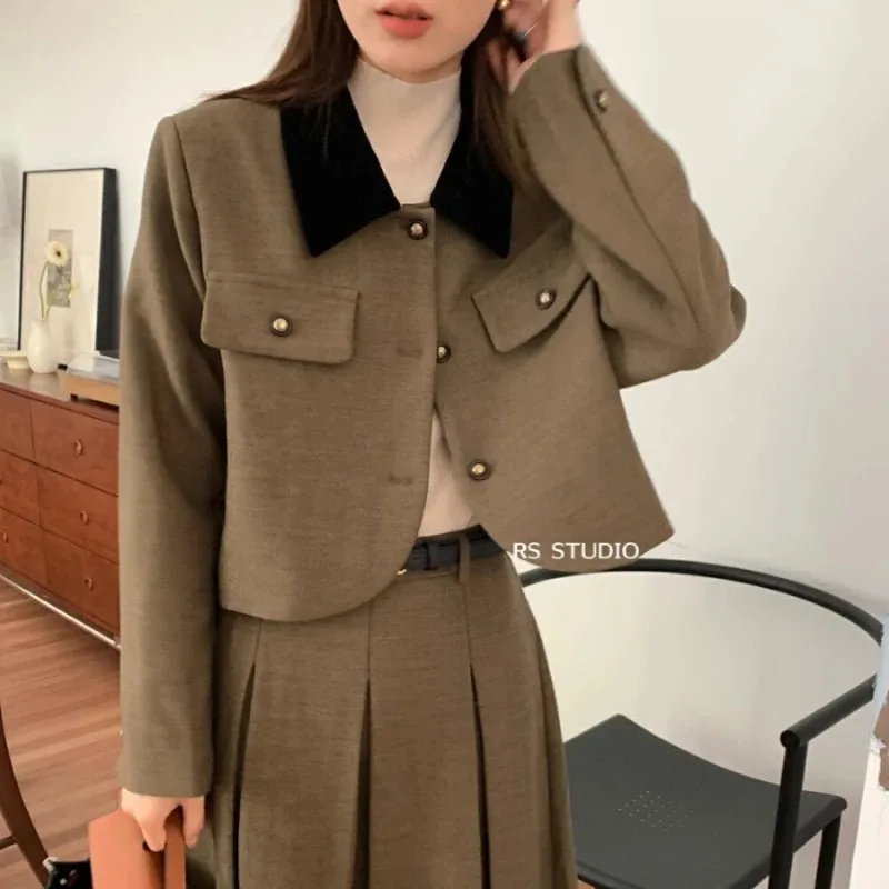 

UNXX Autumn/winter Retro Casual Short Woolen Blazer + Half Skirt Sets British Style Lapel Woolen Coat Half Skirt Two-piece Set