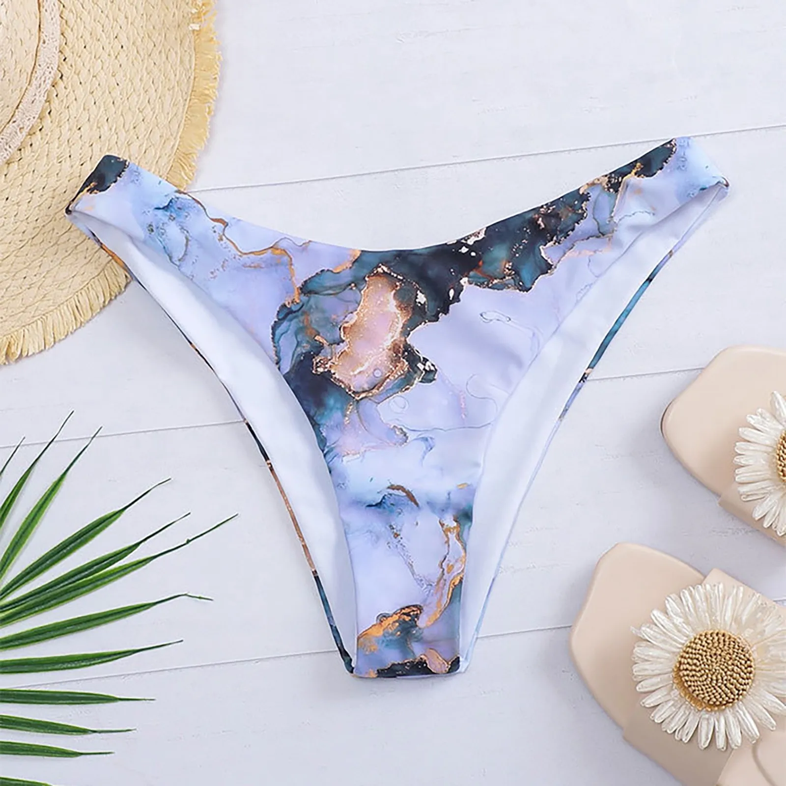 

Fashion Women's High Cut Swim Bottoms High Waist Swimsuit Bikini Bottoms Print Seamless Panty Summer Swimming Trunks