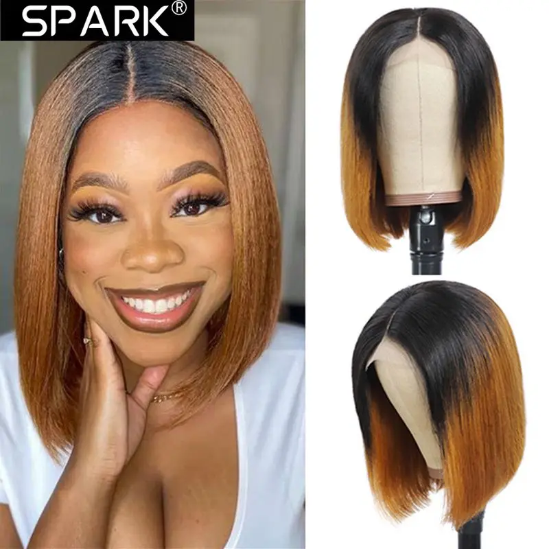 

SPARK T1B/30 Ombre Highlight Straight Short Bob 13x4 Lace Frontal Human Hair Wig Deep Wave PrePlucked Brazilian Remy Hair