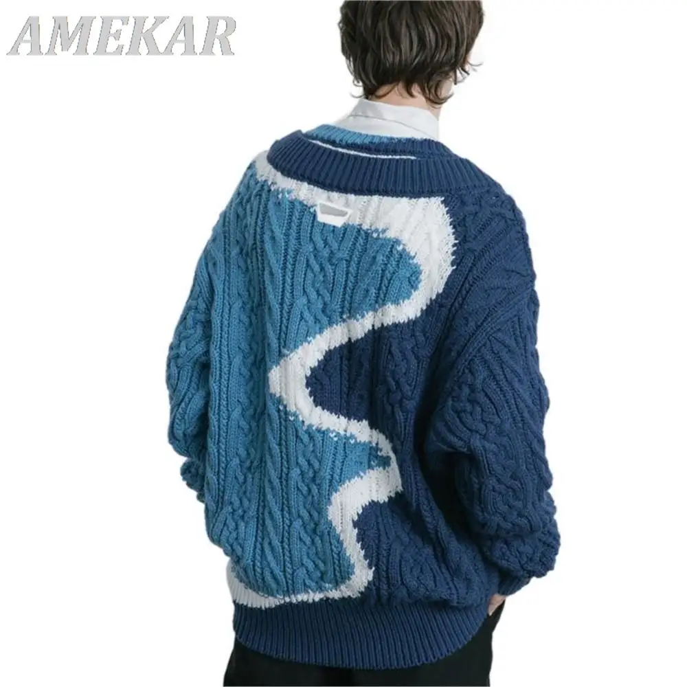 2022 Winter Vintage Patchwork V-Neck Knitted Sweater Harajuku Loose Blue Hip Hop Streetwear Hip Hop Pullover Knit Sweater Men
2022 Winter Vintage Patchwork V-Neck Knitted Sweater Harajuku Loose Blue Hip Hop Streetwear Hip Hop Pullover Knit Sweater Men