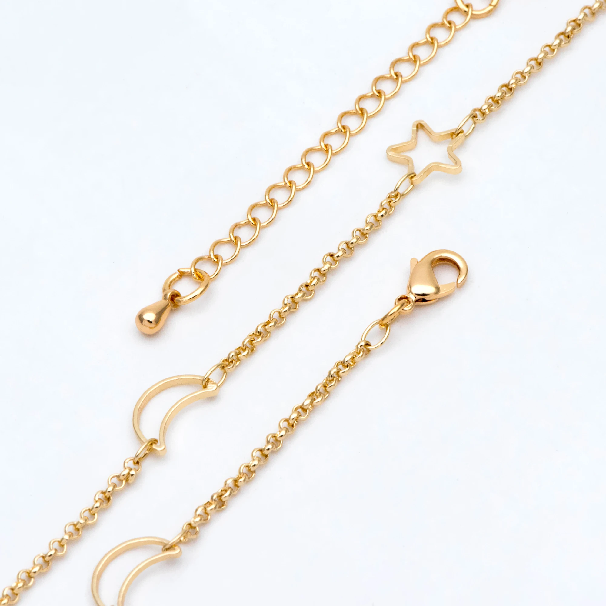 

Золотая цепочка с Луной и звездами, готовый браслет/ожерелье, регулируемая с удлинительной цепочкой, готов к ношению (# LK-419)