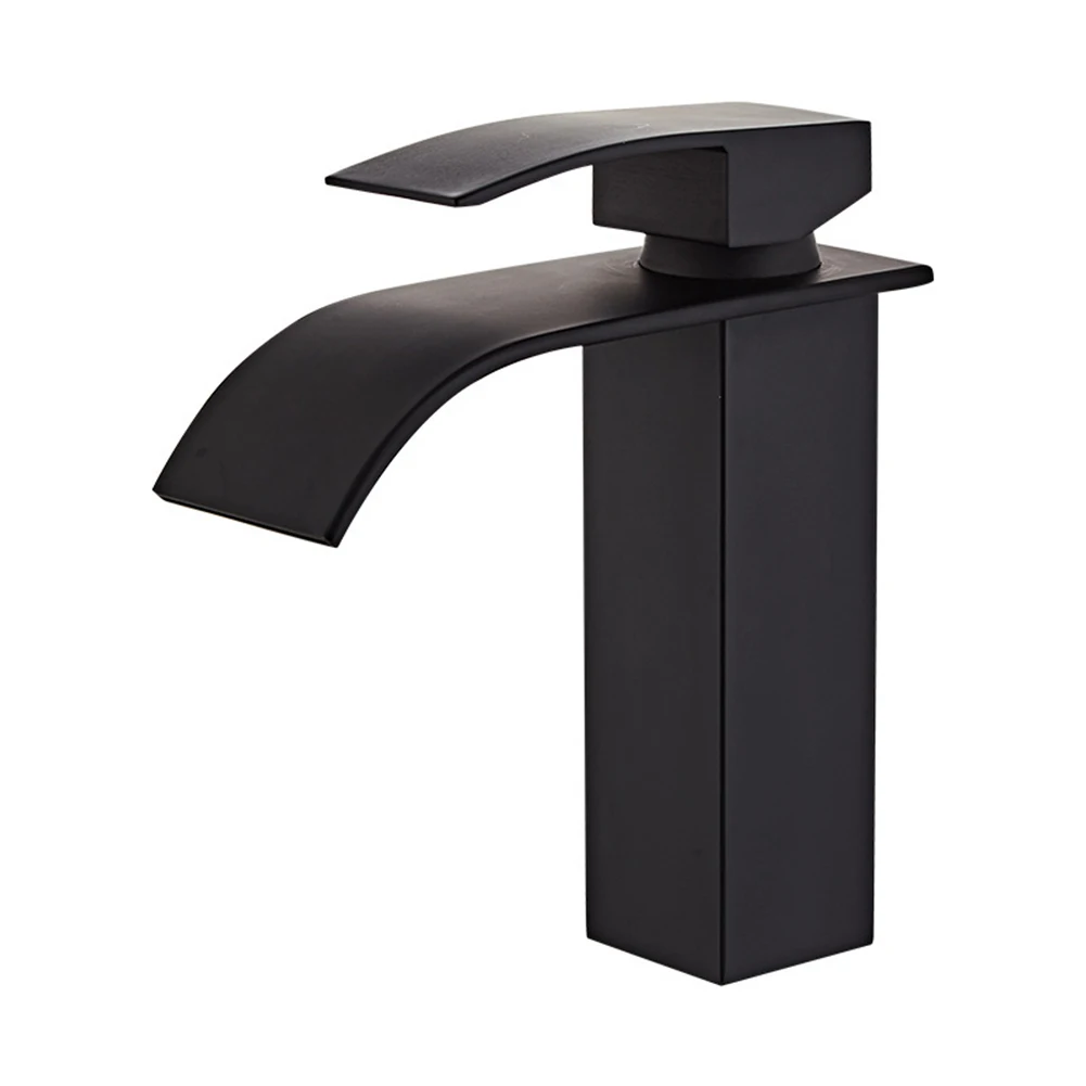 

Black Bathroom Basin Faucet Waterfall Deck Mounted Cold And Hot Water Mixer Tap Bathroom Sink Faucets Stainless Steel Brass