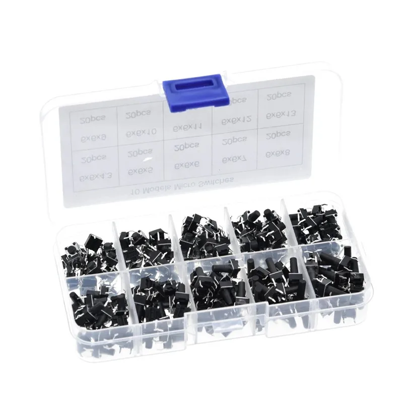100pcs 10models 6*6 Tact Switch 6x6 on off Tactile Push Button Switch Kit Height: 4.3MM-13MM 4Pin Micro switch 6x6 Key switch
100pcs 10models 6*6 Tact Switch 6x6 on off Tactile Push Button Switch Kit Height: 4.3MM-13MM 4Pin Micro switch 6x6 Key switch