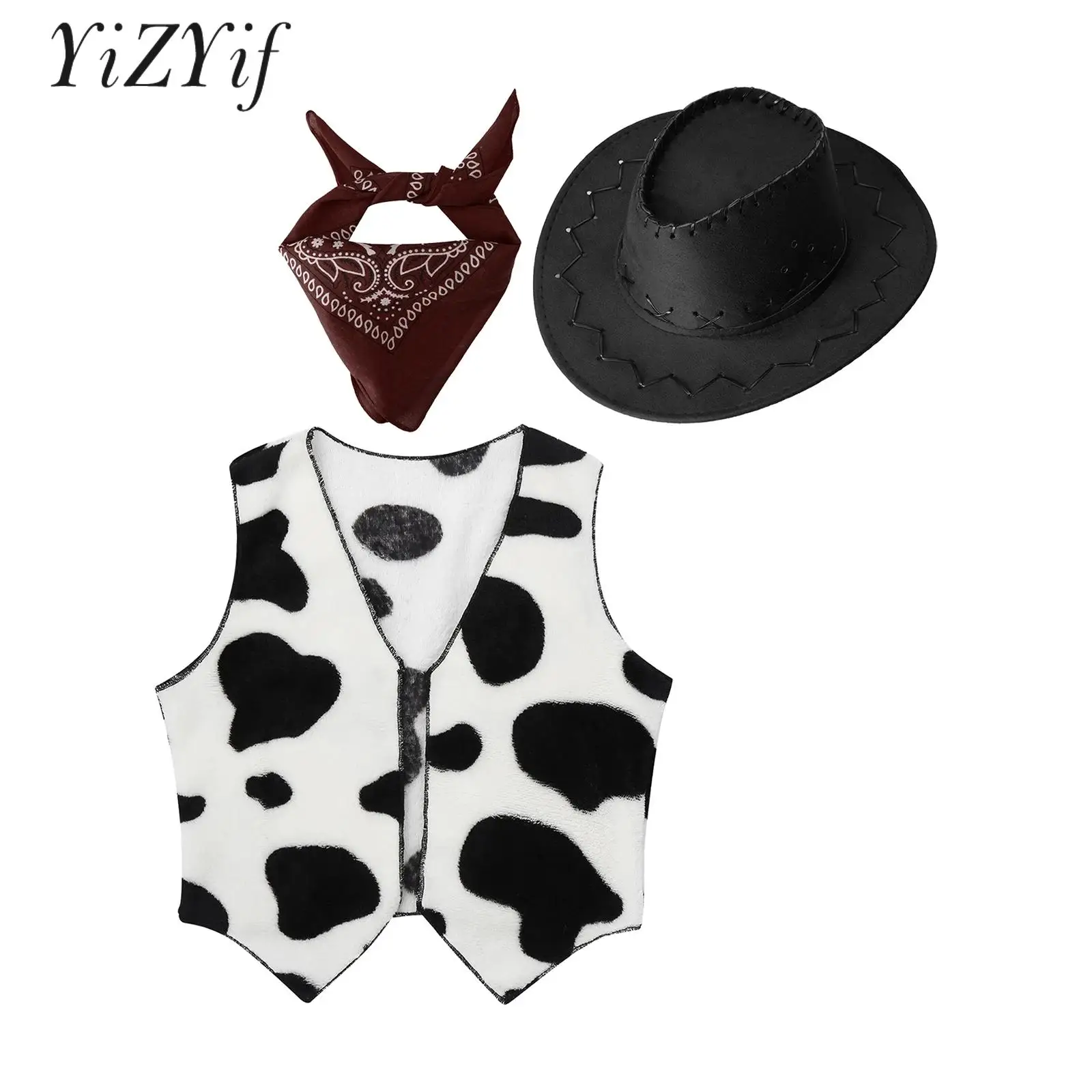 Kids Boys Girls Western Cowboy Cowgirl Cosplay Costume Cow Print Vest Bandanna Felt with Hat Halloween Fancy Dress Party Outfit
Kids Boys Girls Western Cowboy Cowgirl Cosplay Costume Cow Print Vest Bandanna Felt with Hat Halloween Fancy Dress Party Outfit