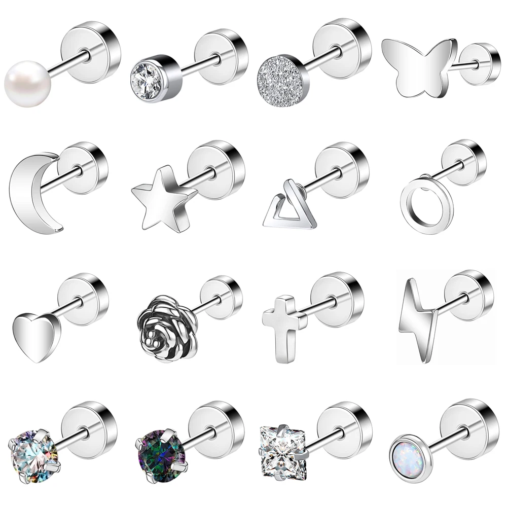 

ZS 20G 1PC Opal Stone Ear Studs Jewelry Girls Heart Butterfly Stud Earrings Cross Cartilage Helix Earrings Women Rose Jewellry