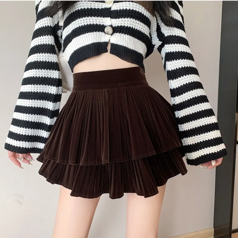 

2024 New Vintage Brown Velvet Mini Skirt For Women Kawaii Lolita Girl High Waist Layered Ruffle Puffy Cake Skirt Short Bottoms