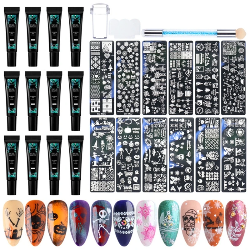 Stamper Transfer Gel Halloween Christmas Pattern Templates Stampers with Scrapers Dual Head Sponge Nail Pen Stamper
Stamper Transfer Gel Halloween Christmas Pattern Templates Stampers with Scrapers Dual Head Sponge Nail Pen Stamper