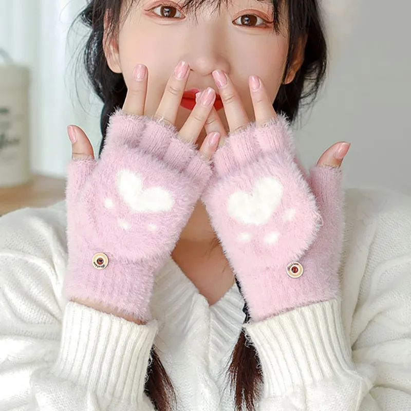 

New Kawaii Women Warm Cat Gloves Fashion Girls Cat Claw Paw Plush Mittens Soft Plush Short Fingerless Half Finger Winter Gloves