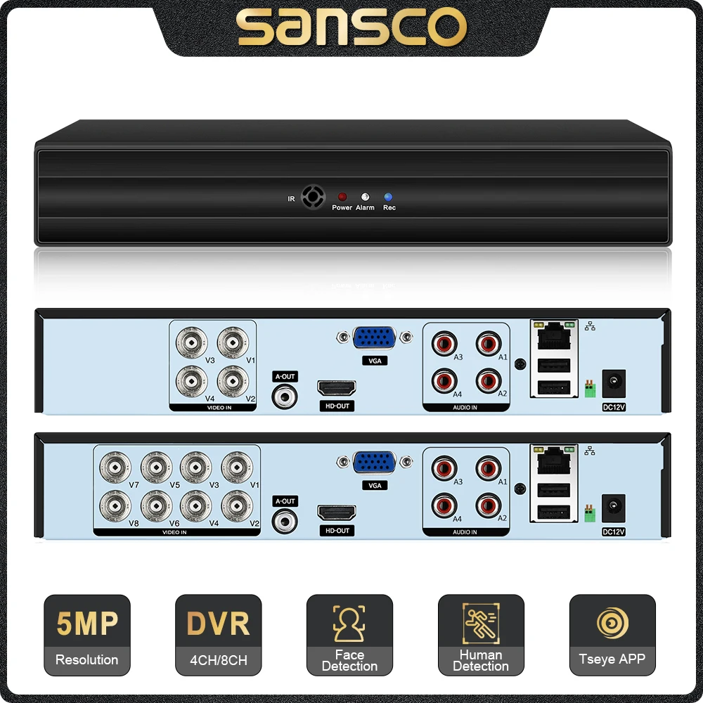 

SANSCO H.265 4CH/8CH CCTV DVR 5MP 5 in 1 AHD CVI TVI CVBS IP Camera Hybrid Digital Video Recorder Home Security System Onvif