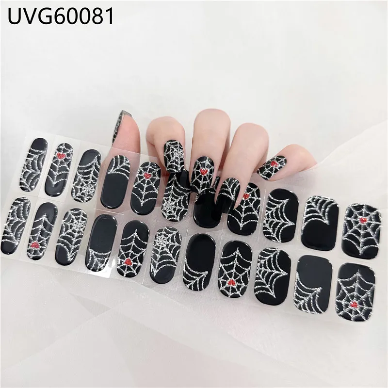 

1Sheet Halloween Gel Nail Wraps Spider Pumpkin Gel Polish Slider Decal Skull Head Semi-cured Gel Nail Art Sticker UV Lamp Need