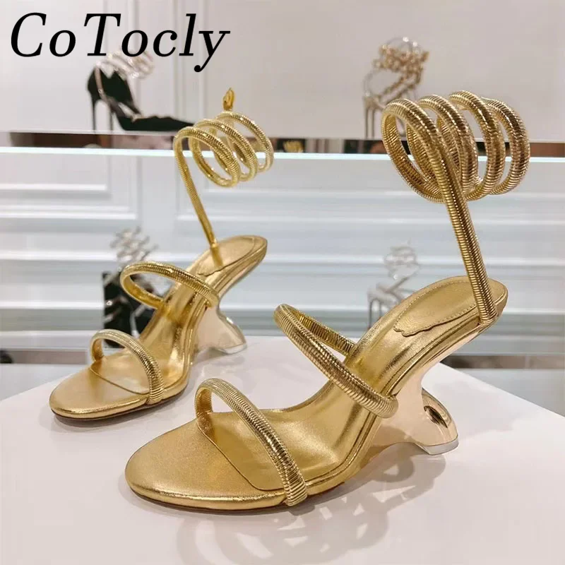 

Summer New Strange Style Sandals Woman Metal Serpentine Twine Ankle Strap Runway Shoes One Strap Wedges Gladiator Sandals Women