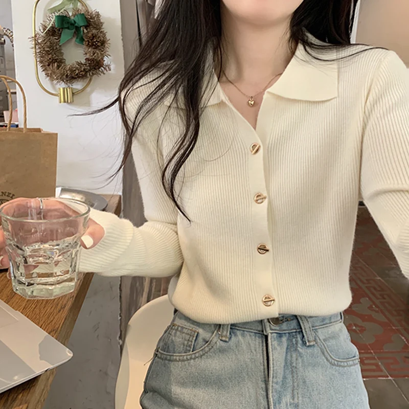 

2023 Spring and Autumn Polo Neck Temperament Underlay Women's Inner Layer Slim Fit Design Sweater Cardigan Knit Early Spring Top