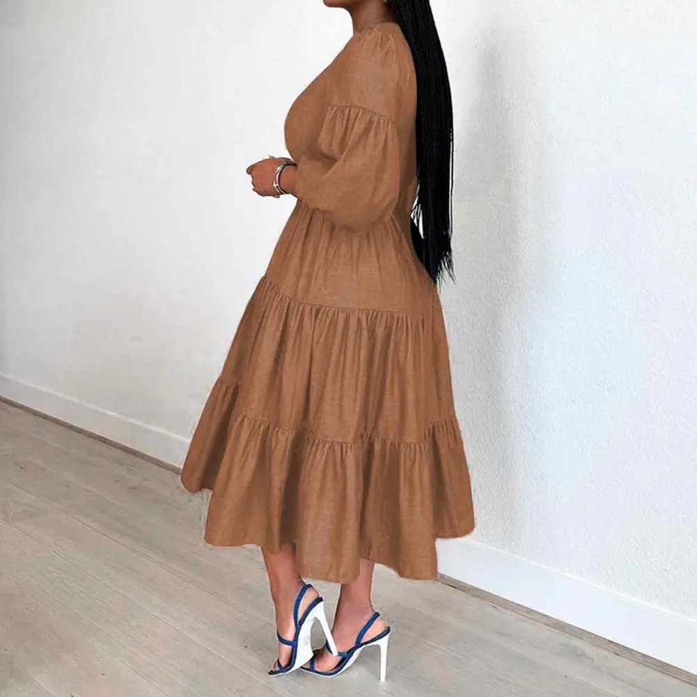 

Loose Waistline Dress Elegant A-line Midi Dress with Puff Sleeves Belted Waist Soft Patchwork Pleats for Women Spring Autumn