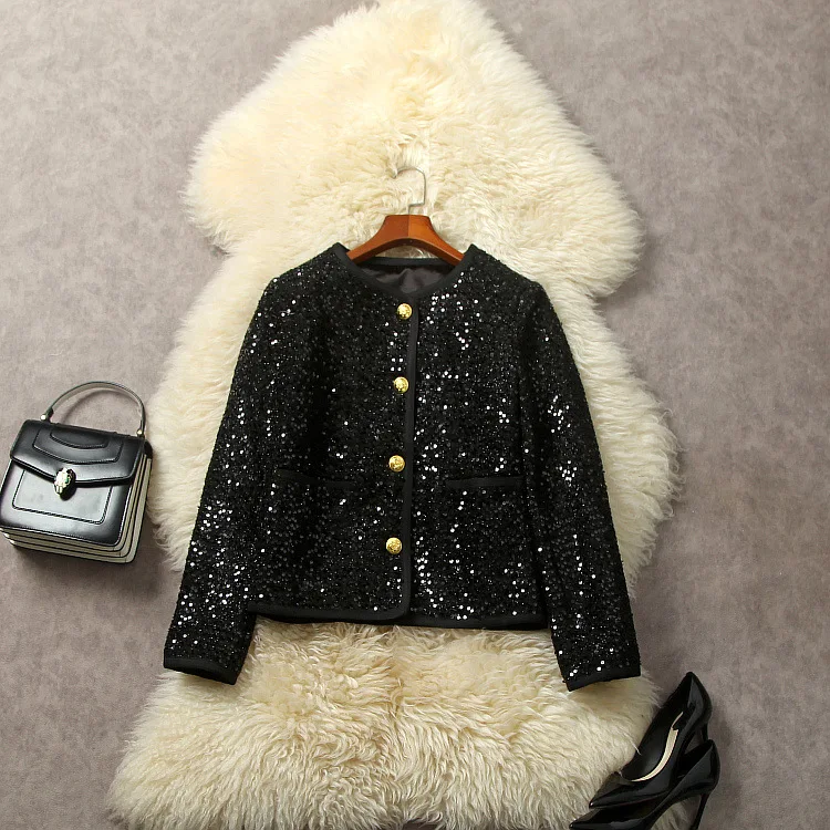 European and American women's dress 2023 winter new Round neck Long sleeve single breasted sequin black fashion The tweed jacket
European and American women's dress 2023 winter new Round neck Long sleeve single breasted sequin black fashion The tweed jacket