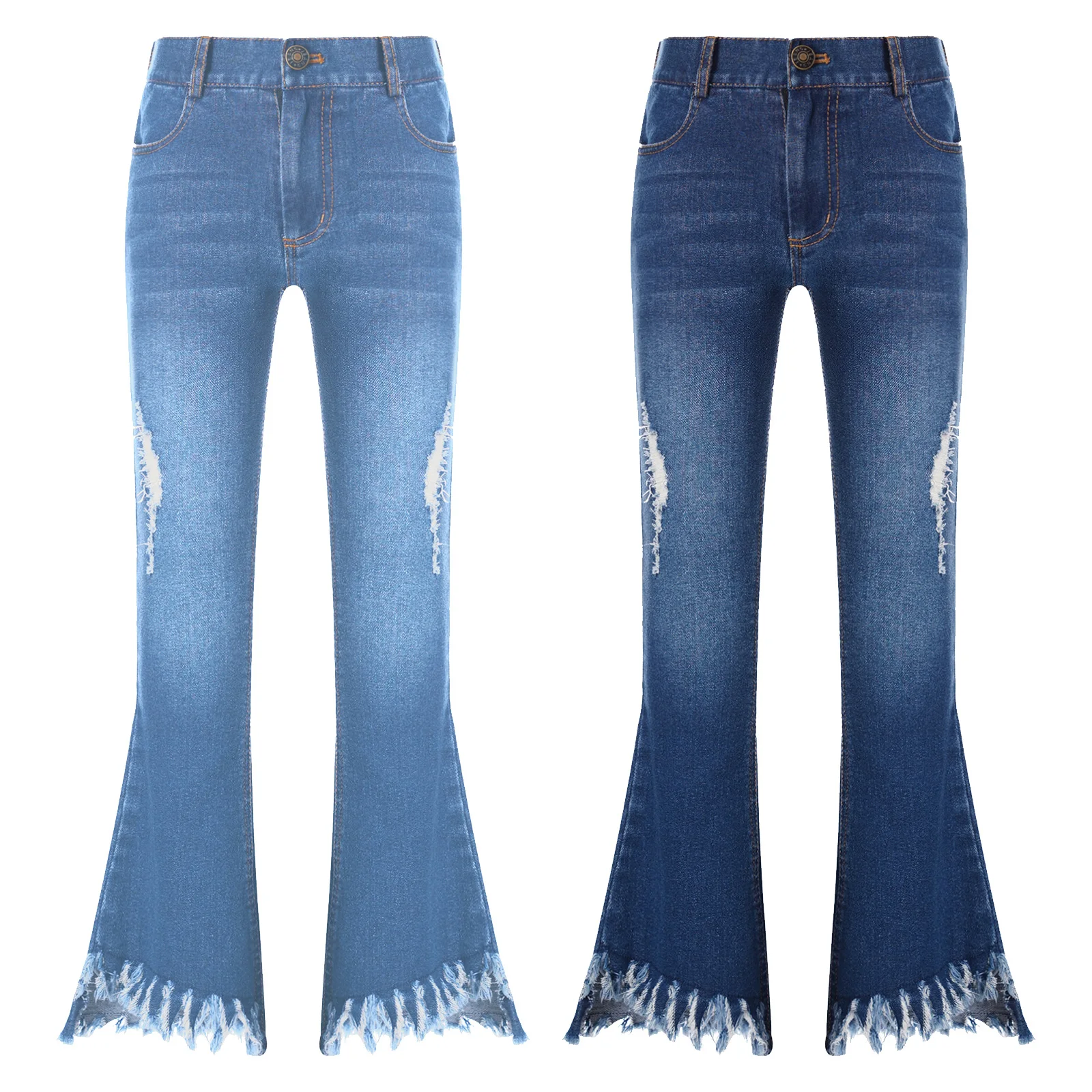 

2023 Spring Autumn Kids Girls Flare Jeans Pants Ripped Tassels Irregular Burr Bell Bottom Denim Trousers School Casual Clothes