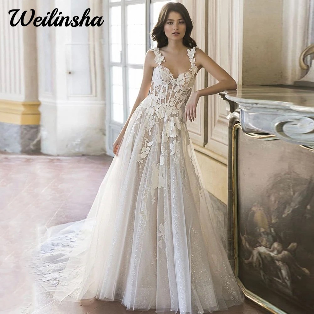 

Glitter A Line Tulle Wedding Dress 2024 Charming Spaghetti Straps Sweetheart Chaple Train Bridal Sleeveless Button Back