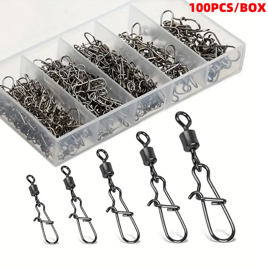 

100pcs/box Stainless Steel Fishing Connector Pin Bearing Rolling Swivel SnapFishing Tackle Accessories For Line Lure Hook