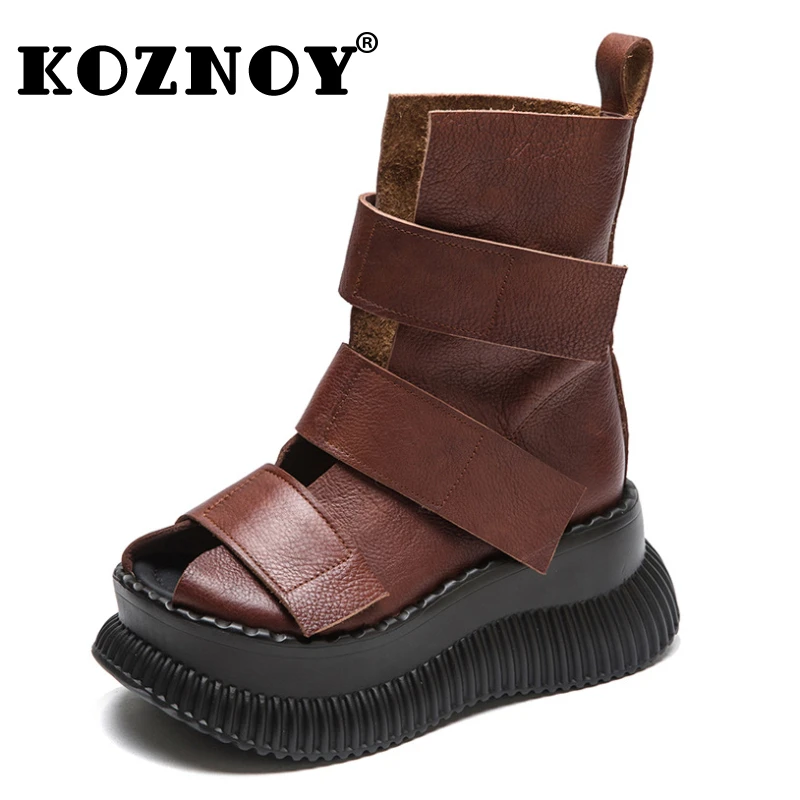 

Koznoy 7cm Sandals Cow Genuine Leather Women Ankle Boots Ethnic Print Ankle Summer Moccasin Luxury Hook Breathable Ladies Shoes