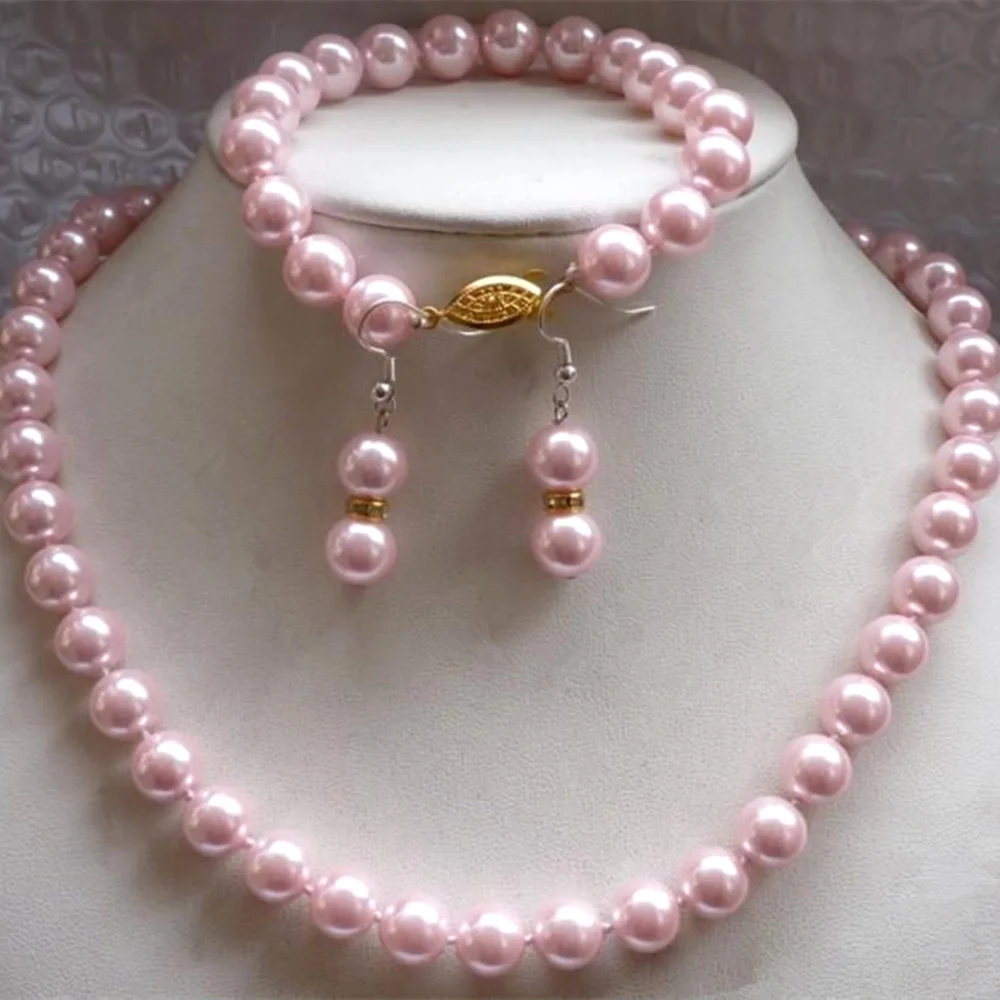 

New Arrival 10mm Pink Shell Pearl Necklace Chain Bracelets Earring Set Women High Quality Charming Jewelry Wholesale And Retail