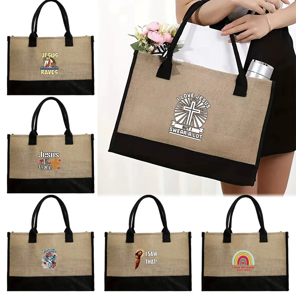 

Reusable Shopping Bags Eco-friendly Grocery Organizer Jute Bag Women Bag Large Capacity Original Jesus Printing Beach Bag