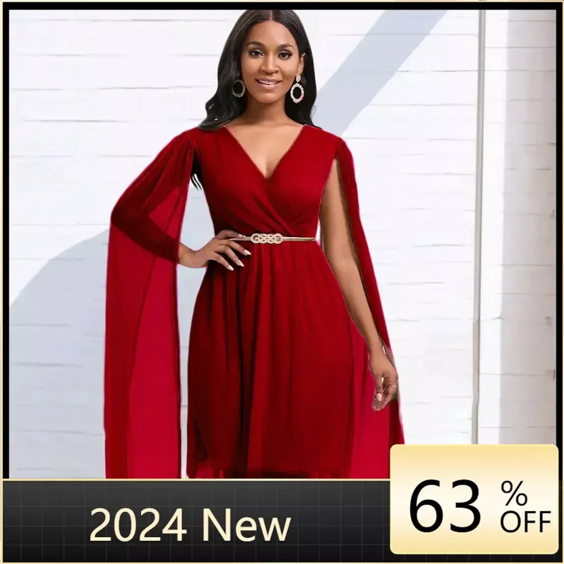 Elegant Cloak Sleeve Party Midi Dress Women Solid V Neck See Through Club Cocktail Wedding Dresses with Belt
Elegant Cloak Sleeve Party Midi Dress Women Solid V Neck See Through Club Cocktail Wedding Dresses with Belt