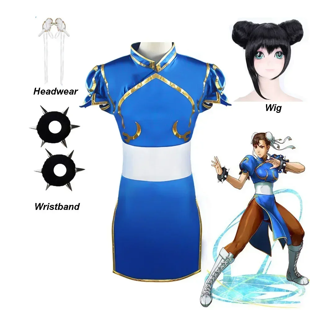 

Games Chun Li Cosplay Costumes Halloween Party Sutorito Faita Blue Cheongsam Dress Belt Headgear With wig Women Girls Clothes