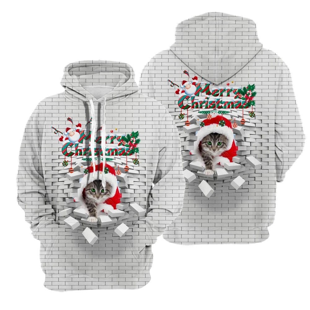 

Santa Claus Festival Clothing Cat Tops Polyester 3D Printed Popular Ripped Wall Long Sleeve Pullover Unisex Christmas Hoodie