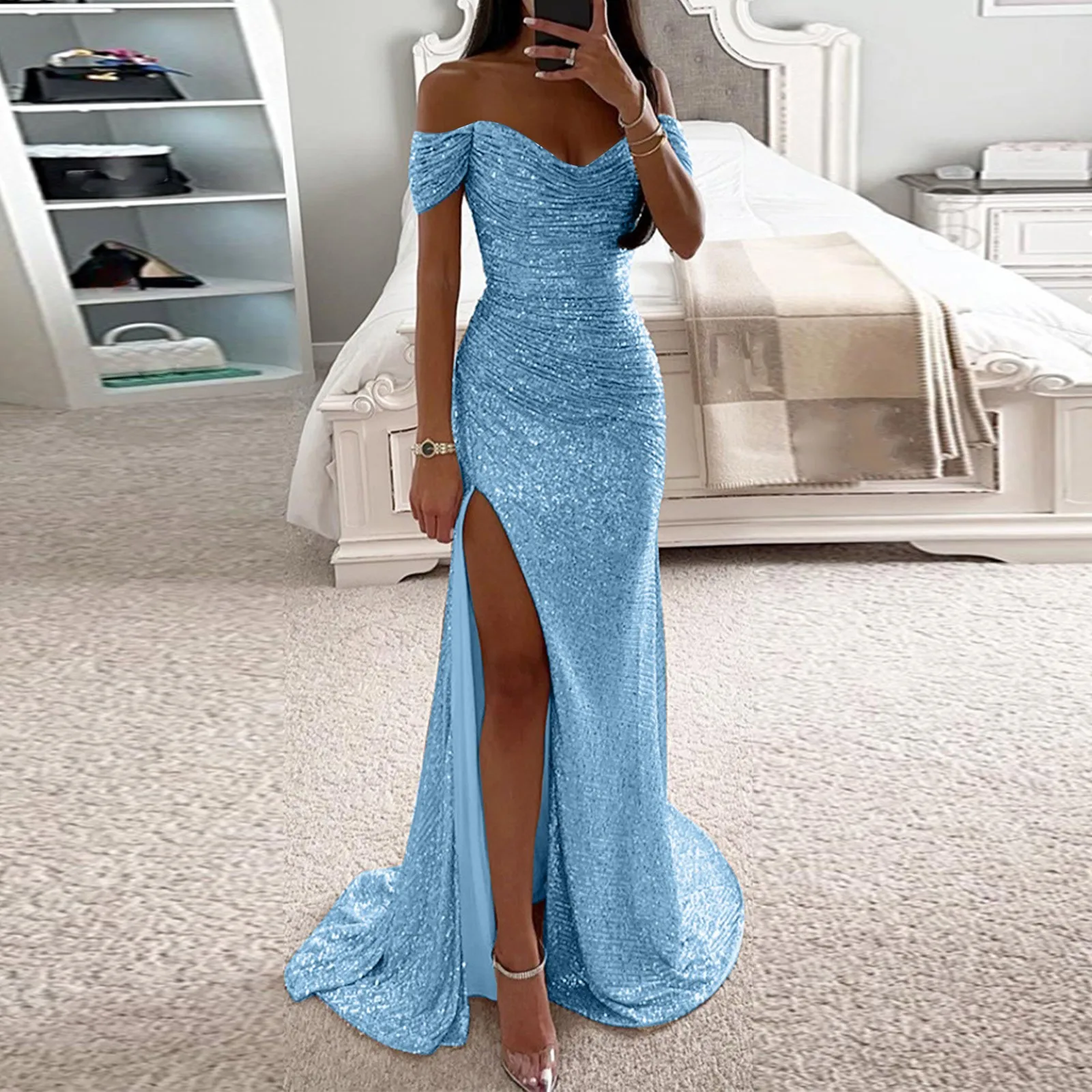 Sexy Blue Sequin Women Maxi Dress Elegance Off Shoulder Ruffle High Slit Bodycon Dresses Luxury Eveing Party Formale Vestidos
Sexy Blue Sequin Women Maxi Dress Elegance Off Shoulder Ruffle High Slit Bodycon Dresses Luxury Eveing Party Formale Vestidos