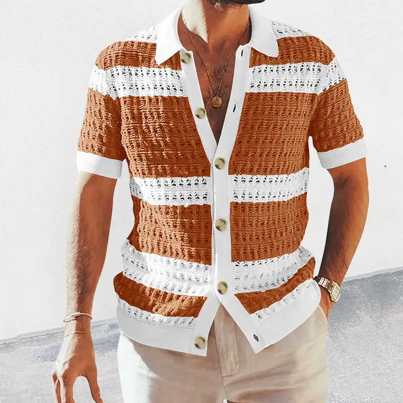 Vintage Striped Patchwork Knit Shirt Men Casual Short Sleeve Button Lapel Knitted Clothes Summer Men's Loose Knitting Shirt Tops
Vintage Striped Patchwork Knit Shirt Men Casual Short Sleeve Button Lapel Knitted Clothes Summer Men's Loose Knitting Shirt Tops