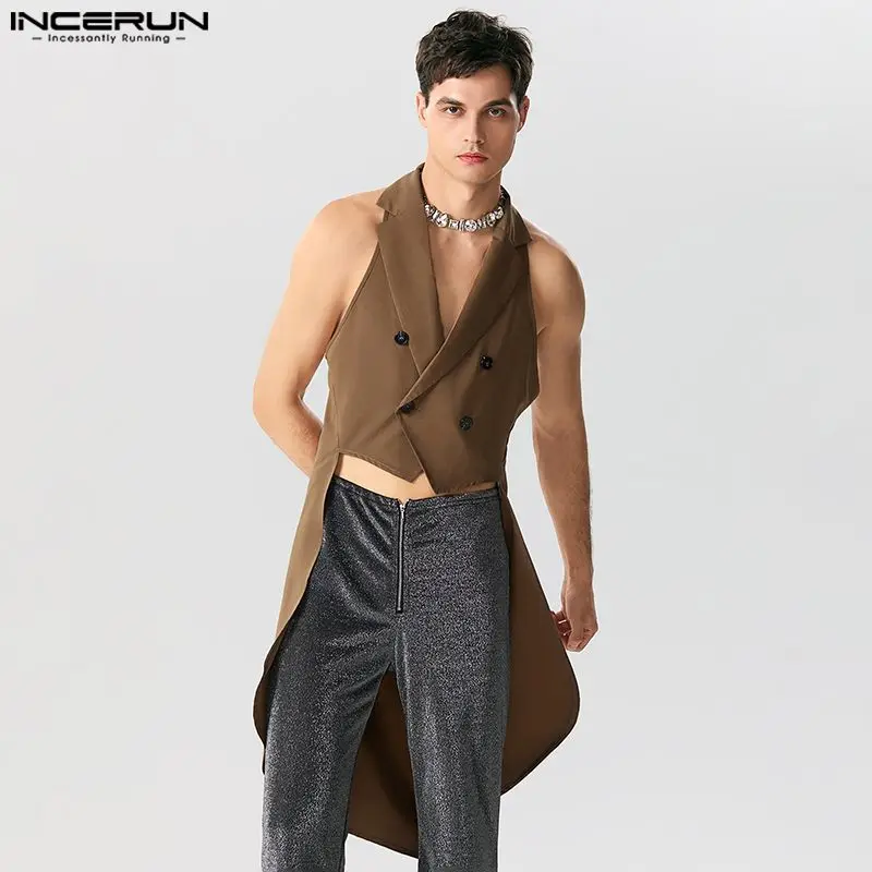 

Handsome Well Fitting Tops INCERUN Men's Irregular Hem Design Vests Fashion Street Long-style Solid Sleeveless Suit Vests S-5XL