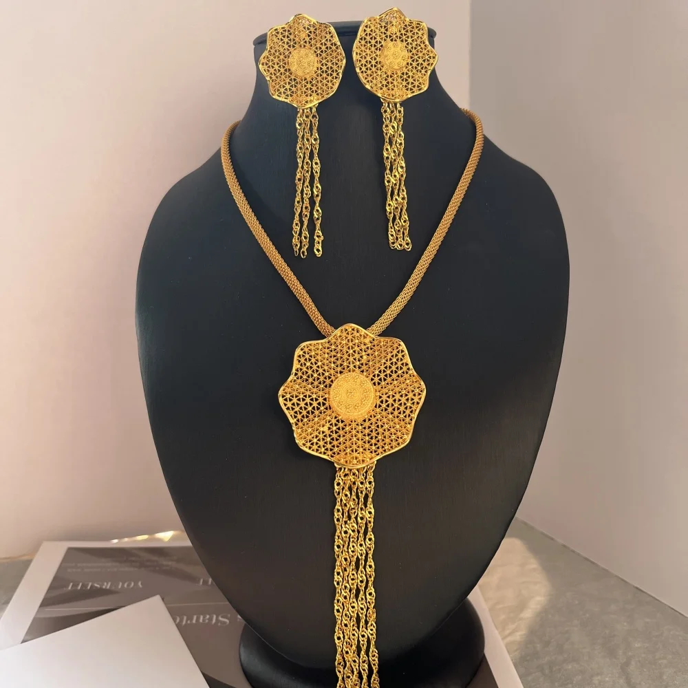 Dubai Fashion Women's Flower Sweater Long Necklace 24K Gold-Plated Middle Eastern Luxury Flower Earrings Copper Jewelry Two-Pieces 16 Mallzona Sfc14664876244eefa5defaf6d929f00eg Dubai Fashion Women's Flower Sweater Long Necklace 24K Gold-Plated Middle Eastern Luxury Flower Earrings Copper Jewelry Two-Pieces Mallzona