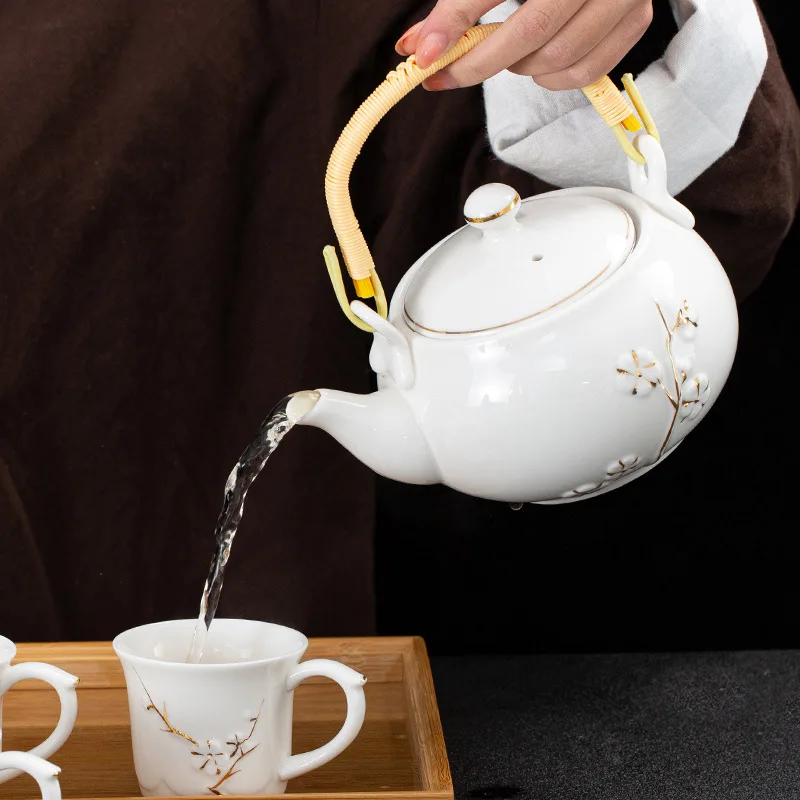 

White Porcelain Embossed Plum Blossom Tea Set - Ceramic Large Beam Teapot 1 Pot 6 Cups