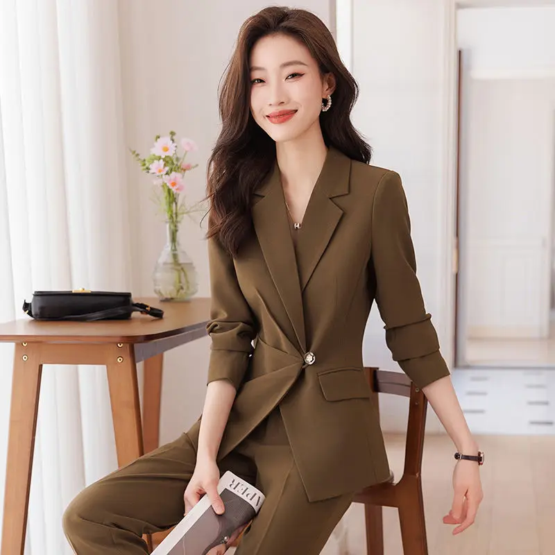 

Women's Retro Casual Cropped Pleated Coat Straight Leg Pants Set Commuter Solid Color Cinched Waist Blazer Trouser Two-piece Set