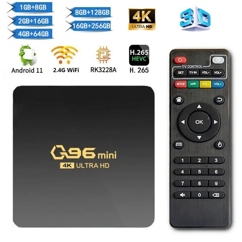 ТВ-приставка Q96 Mini Smart TV Box Android 11,0 Rockchip RK3228A Четырехъядерный 4G WiFi HD 4K 3D 16 Гб 256 ГБ медиаплеер H.265 домашний кинотеатр Iptv
ТВ-приставка Q96 Mini Smart TV Box Android 11,0 Rockchip RK3228A Четырехъядерный 4G WiFi HD 4K 3D 16 Гб 256 ГБ медиаплеер H.265 домашний кинотеатр Iptv