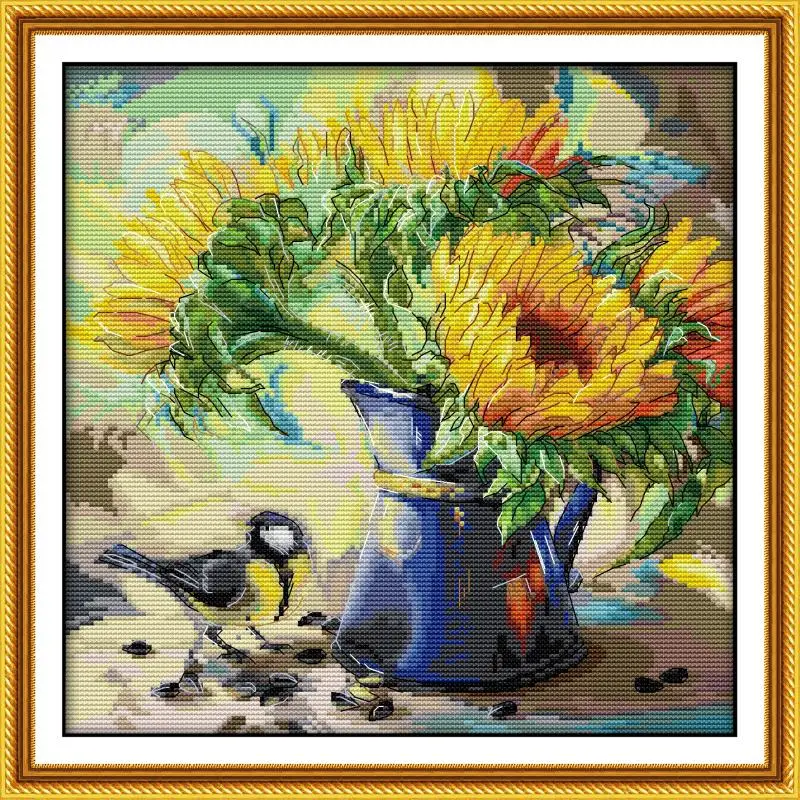 

Oil Painting Sunflower Floral Pattern Cross Stitch Kit DIY Embroidery Set Aida 14CT 11CT Needle and Thread Sewing Set Home Decor