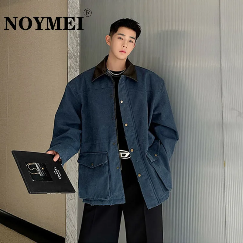 

NOYMEI Rough Canvas Patchwork Leather Silhouette Jacket Men's 2024 Spring New Pockets Coat Trendy Khaki Fashion Loose WA3845