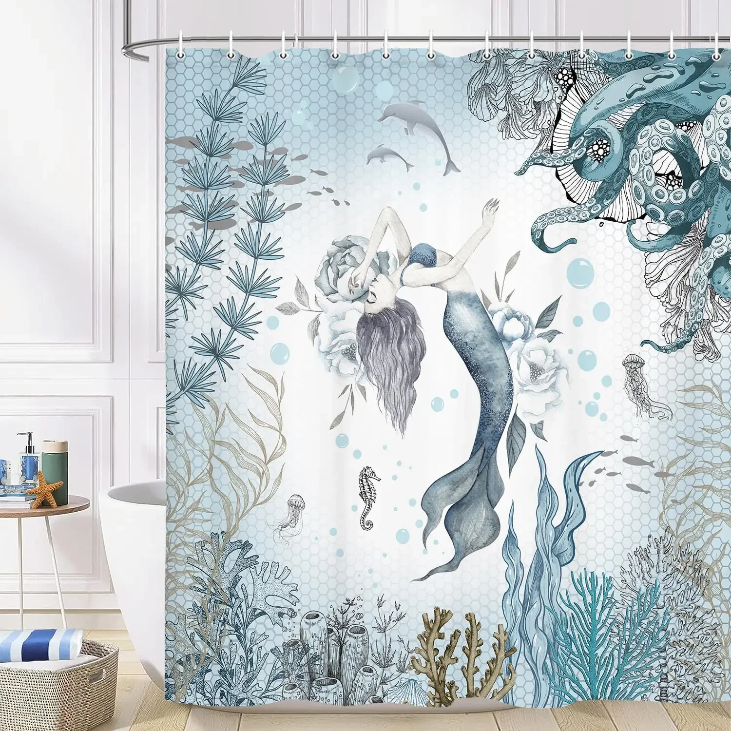 Занавеска для душа с изображением русалки, морской осьминога, кораллового рифа, морской рыбы, морской медузы, тканевая занавеска для ванной
Занавеска для душа с изображением русалки, морской осьминога, кораллового рифа, морской рыбы, морской медузы, тканевая занавеска для ванной